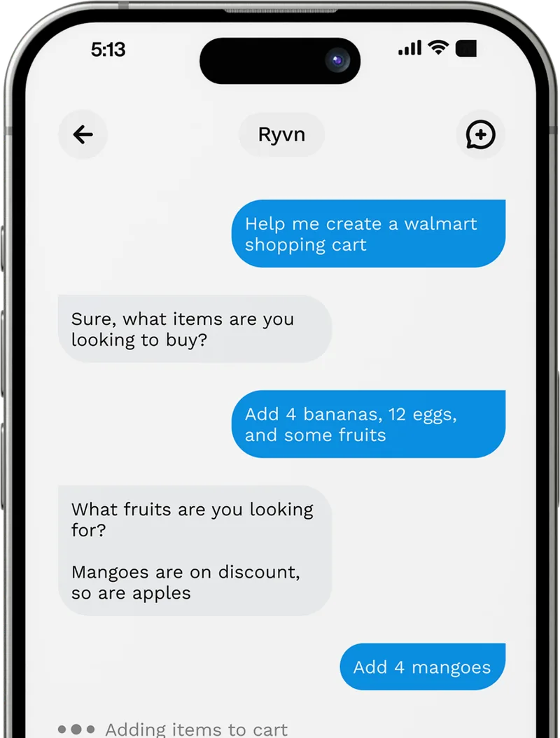 Ryvn chat building a shopping cart